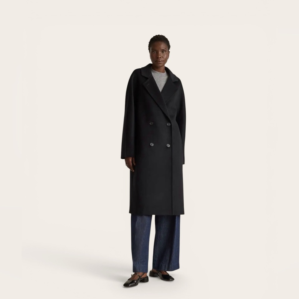 Quince Slouch Italian Wool Double-Breasted Coat Black NWT